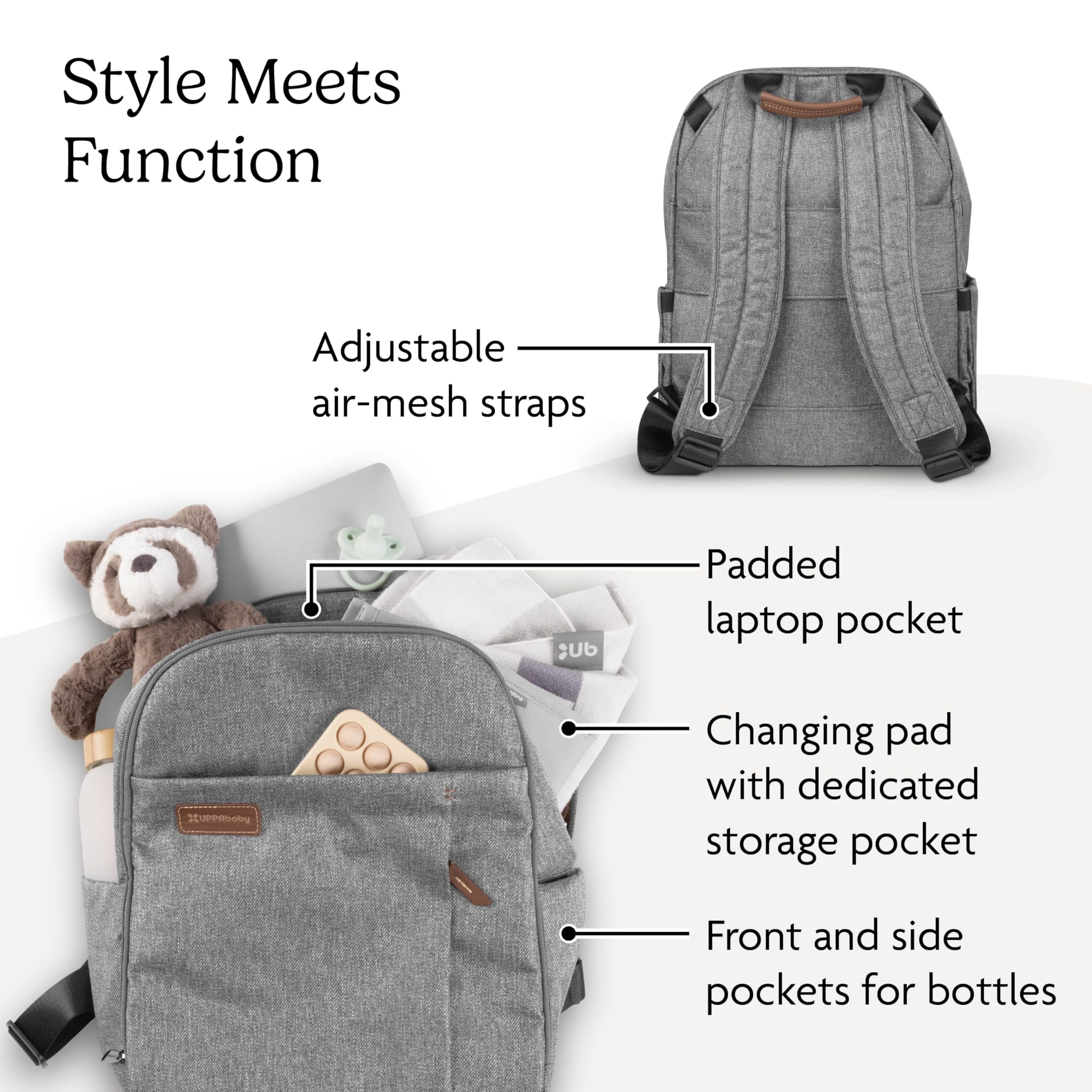 UPPAbaby Changing Backpack - Multiple Storage Compartments - Side Bottle + Laptop Pockets - Trolley Sleeve - Stroller Strap Attachment - Owen - Mocha Mélange | Chestnut Leather - Image 3