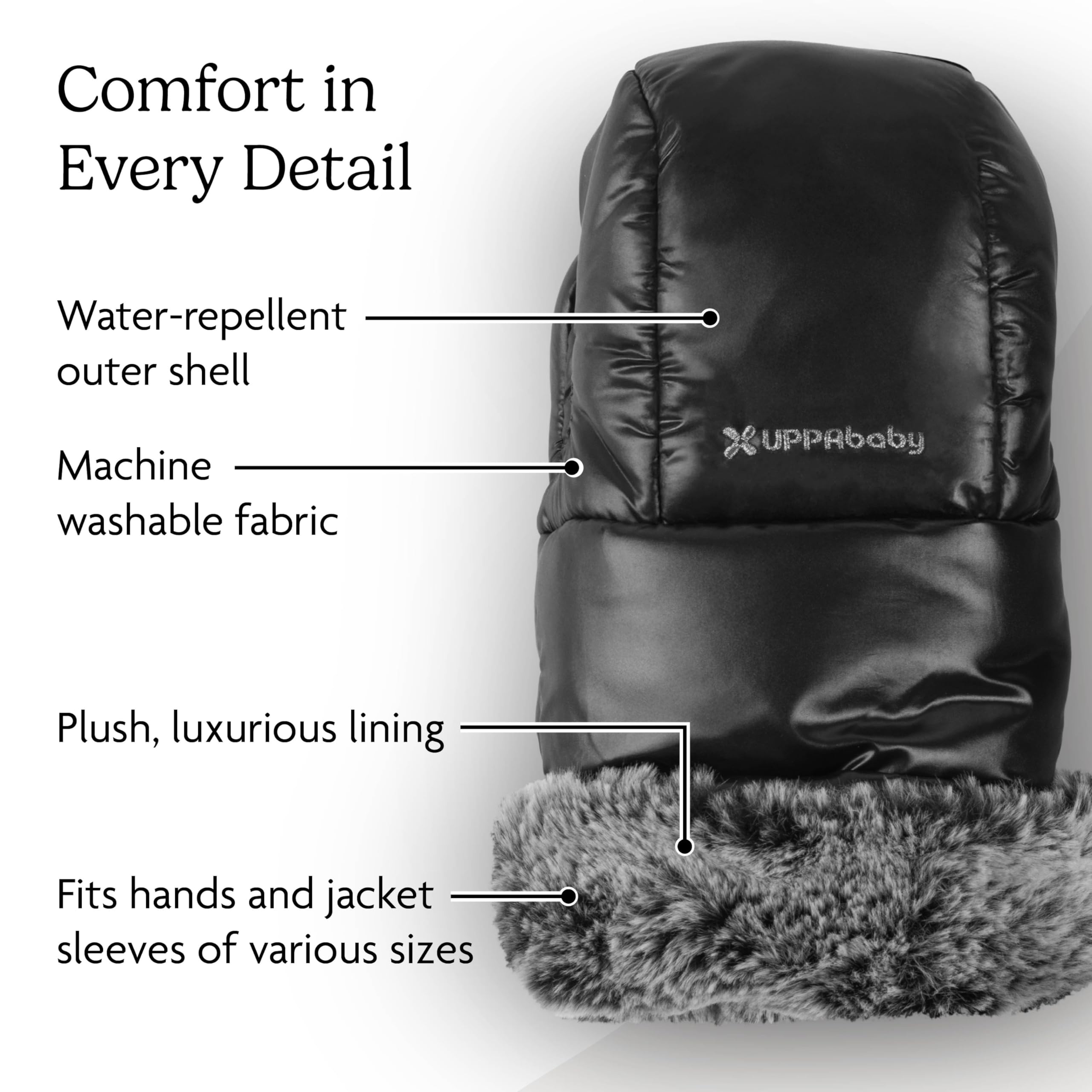 UPPAbaby CozyHandmuffs Luxe – Easily Attaches to Stroller Handlebars – Ultra-Plush, Water-Repellent Hand Protection for Cold Weather - Lyla (Onyx Nylon) - Image 3