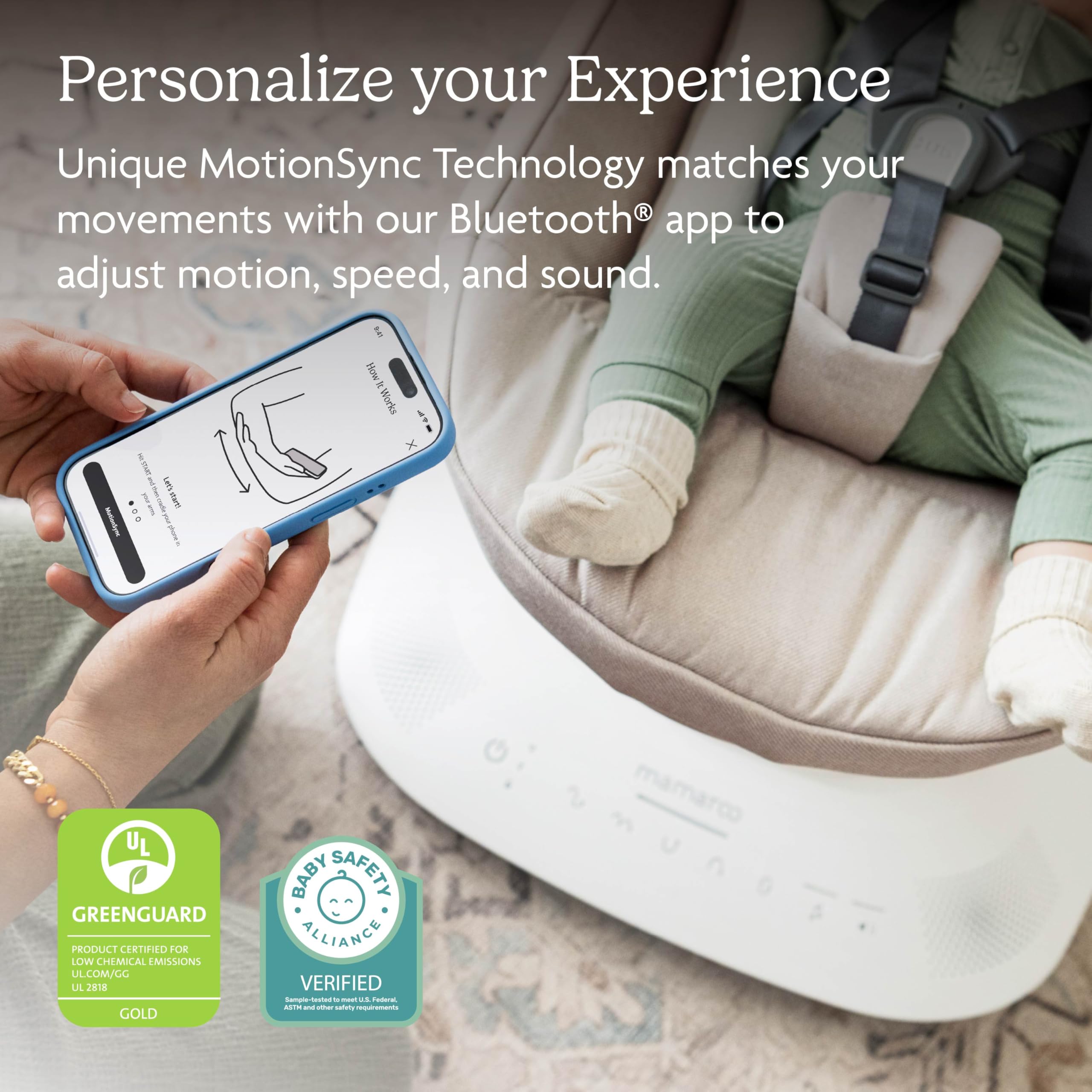 UPPAbaby Mamaroo Smart Swing – Customizable Soothing Modes with MotionSync Technology – Infant Recline + Bluetooth Enabled – Included Newborn Insert – Charlie (Sand Mélange) - Image 3
