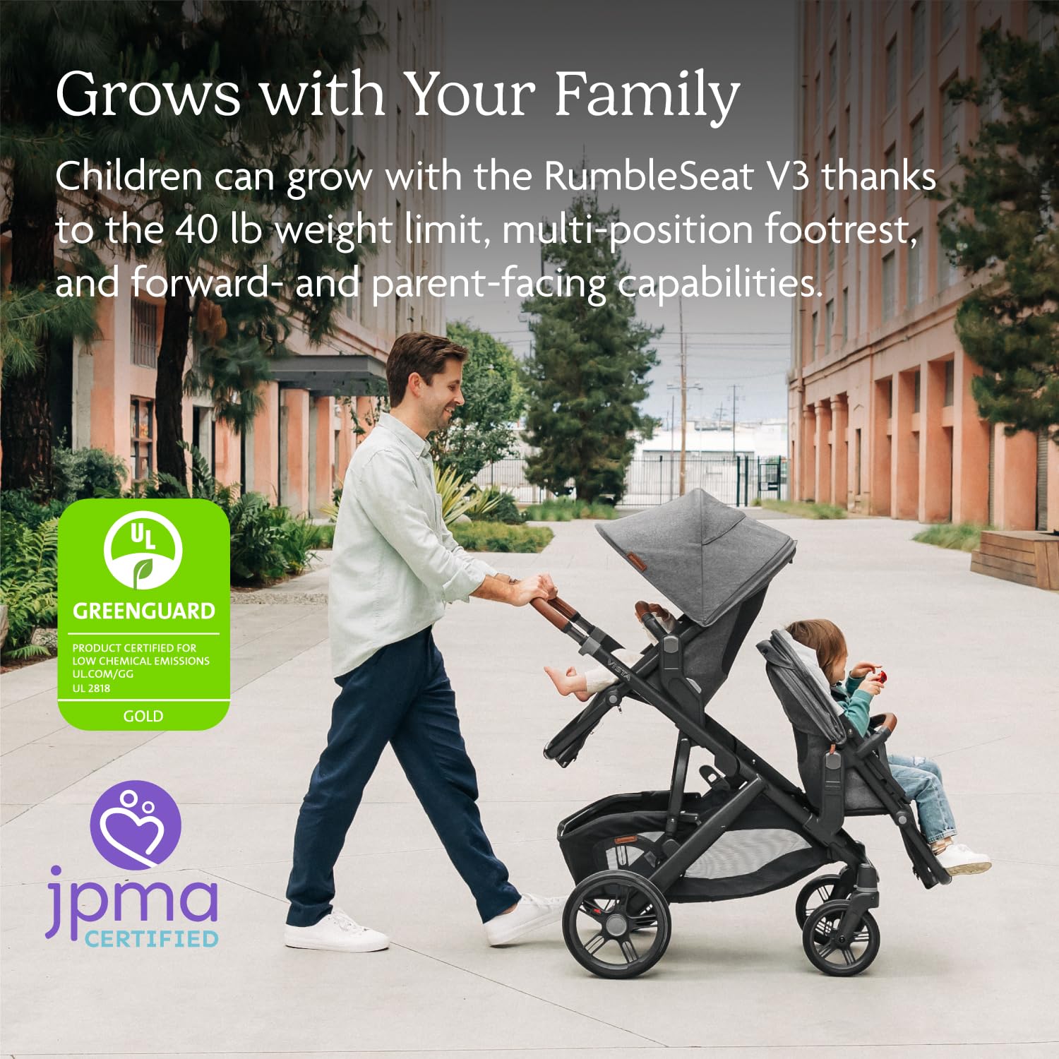 UPPAbaby RumbleSeat V3 Second Lower Seat - Compatible with Vista V2 and Vista V3 - All-Weather Seat + Magnetic Buckle – Adapters Included - Greyson (Charcoal Mélange/Carbon Frame/Saddle Leather) - Image 3